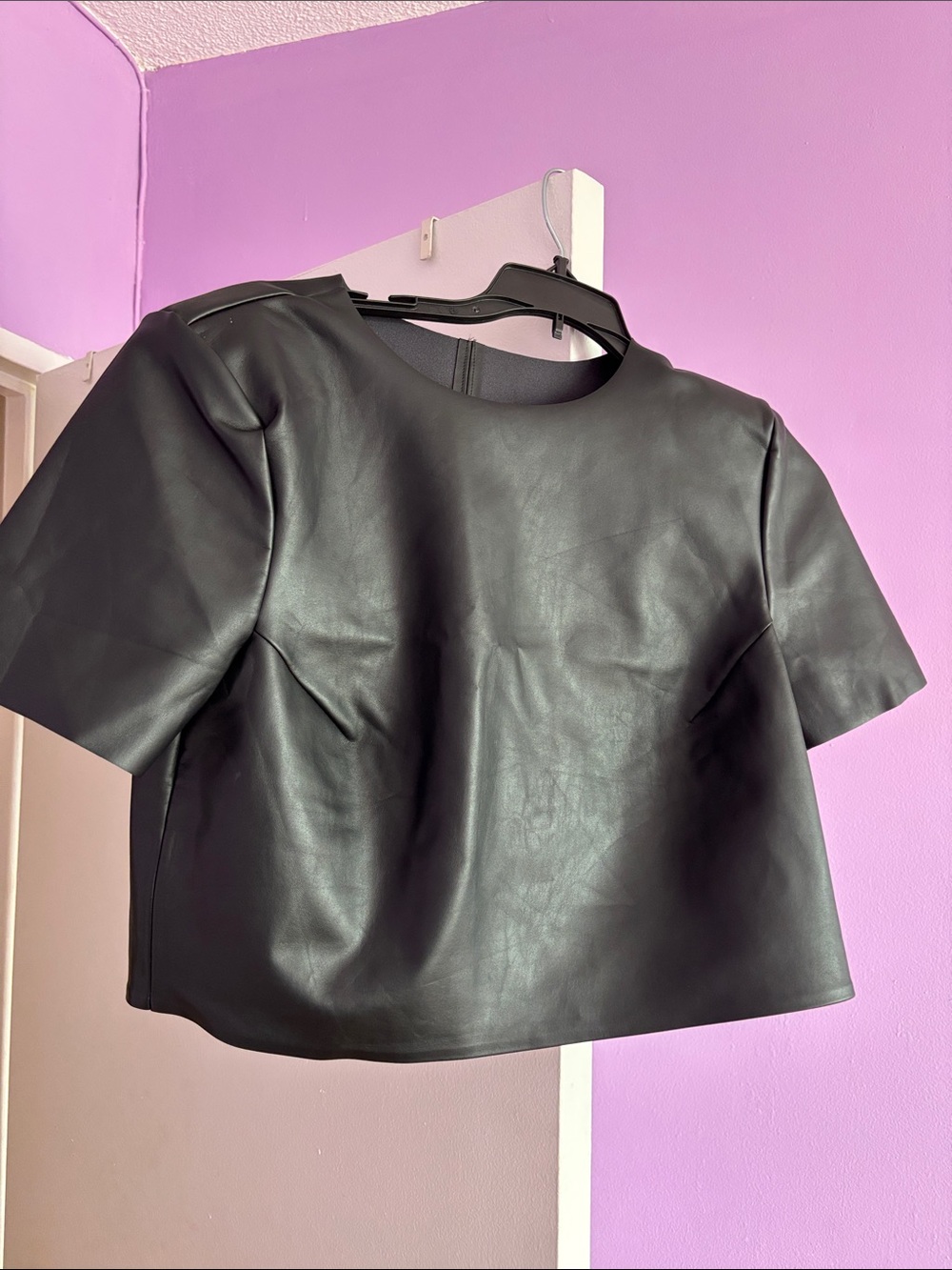 Wolford Faux Leather Black Short Sleeve Top; size 12. Runs small in my opinion
